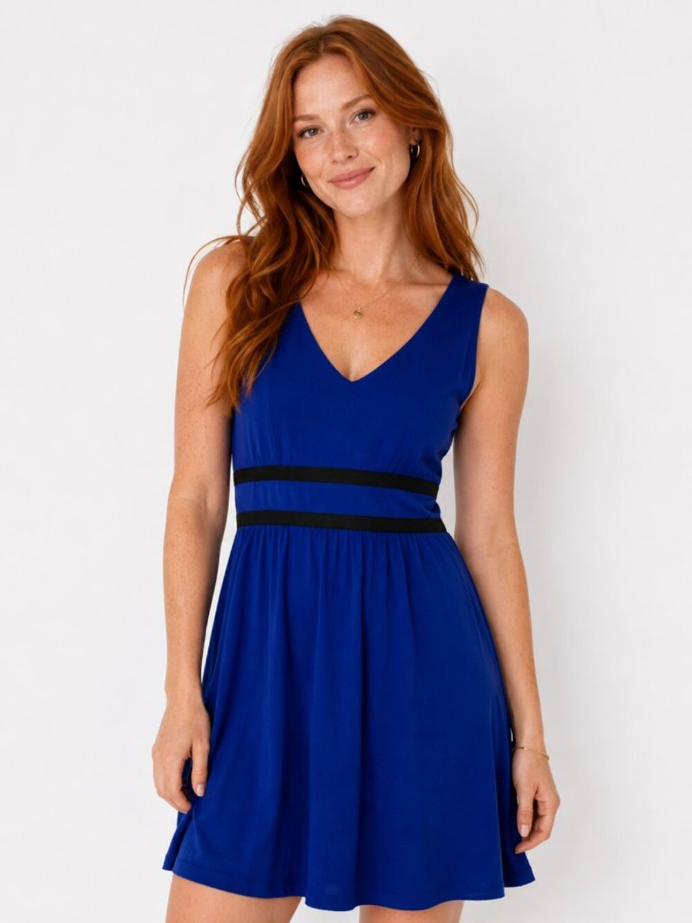 Loft Blue V-Neck Dress with Double Black Waist Banding Detail - Size 8